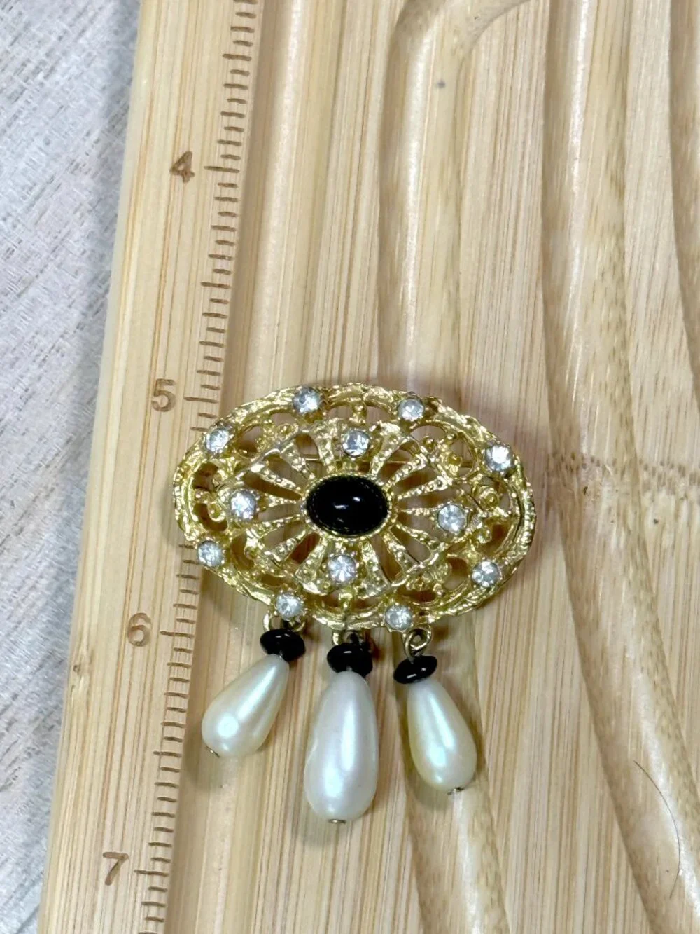 Vintage Gold Tone Filigree Brooch Faux Pearl Drops